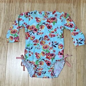 RUFFLE BUTTS GIRLS toddler Swimsuit teal floral Long Sleeeves 6-12 months